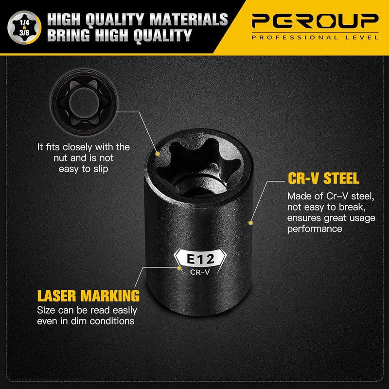 pgroup E-Torx Socket Set with Holder, E4-E20 Female External Sockets, 3/8” 1/4” Drive Inverted Star Socket - Image 3